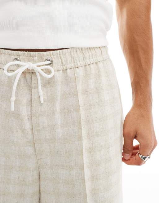 ASOS DESIGN - Pantaloni affusolati oversize eleganti in misto lino a quadri color neutro, 5 di 5