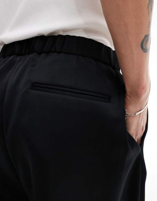 ASOS DESIGN - Pantaloni affusolati oversize eleganti neri in raso con vita elasticizzata in coordinato, 3 di 4