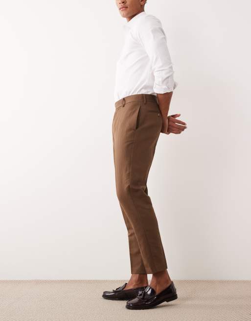 ASOS DESIGN - Pantaloni affusolati sartoriali in misto lino marrone scuro , 3 di 5