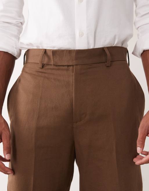 ASOS DESIGN - Pantaloni affusolati sartoriali in misto lino marrone scuro , 4 di 5