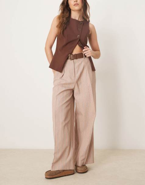 ASOS DESIGN - Pantaloni alla caviglia sartoriali comodi color moka a righe con cintura in pelle sintetica - view 1