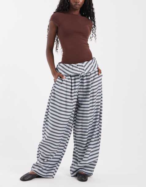 ASOS DESIGN pantaloni ampi a gamba larga in popeline con vita ripiegata e pieghe a righe - view 1