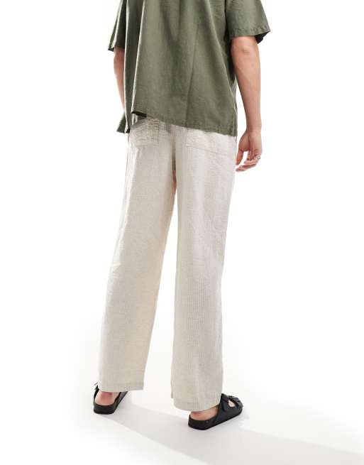 ASOS DESIGN - Pantaloni ampi in seersucker misto lino bianchi a righe, 5 di 5