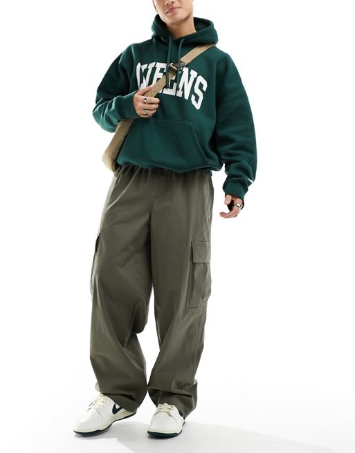 FhyzicsShops DESIGN - Pantaloni ampi stile cargo con elastico in vita verde slavato