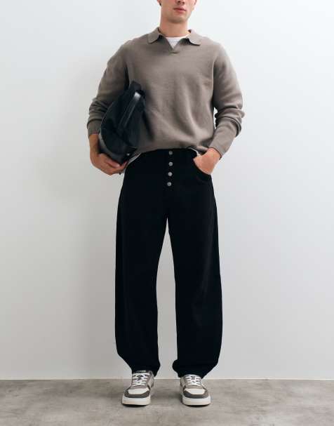 ASOS DESIGN pantaloni barrel relaxed neri con bottoni a vista - view 1