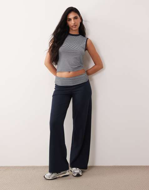 ASOS DESIGN - Pantaloni blu navy con risvolto in vita a righe in coordinato - view 1