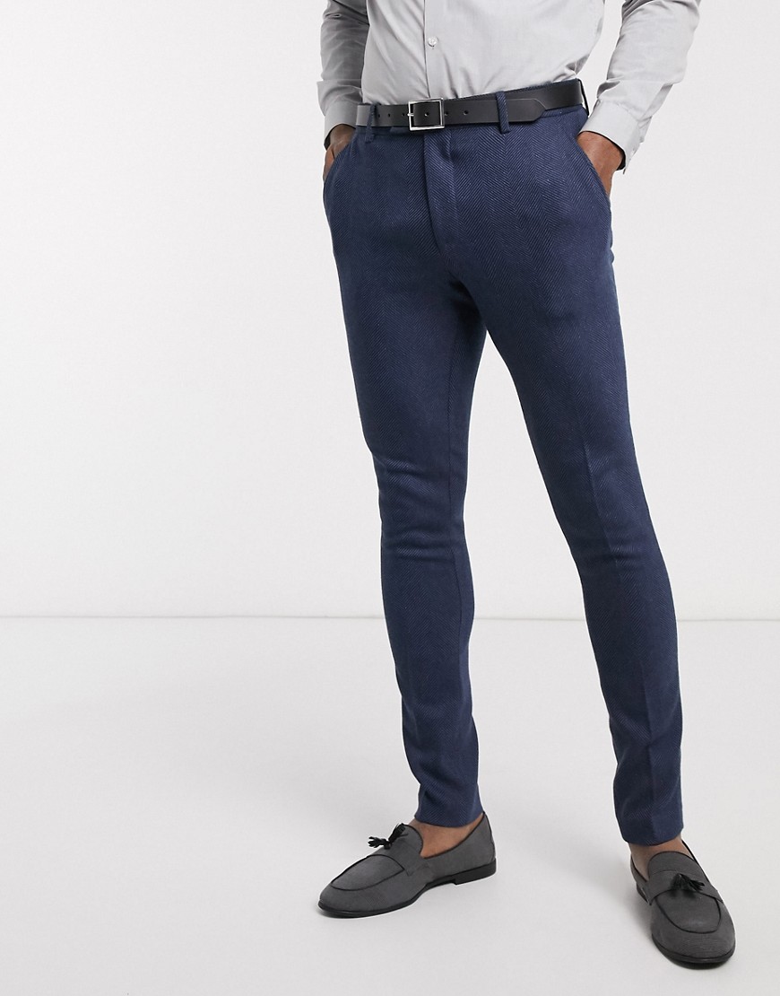 ASOS DESIGN - Pantaloni blu navy super skinny da abito da matrimonio in misto lana chevron