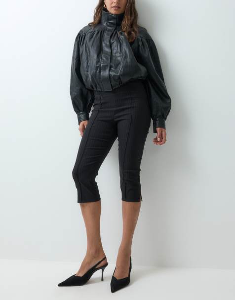 ASOS DESIGN pantaloni capri in bengalina a vita alta con spacco laterale e righe sottili neri - view 1