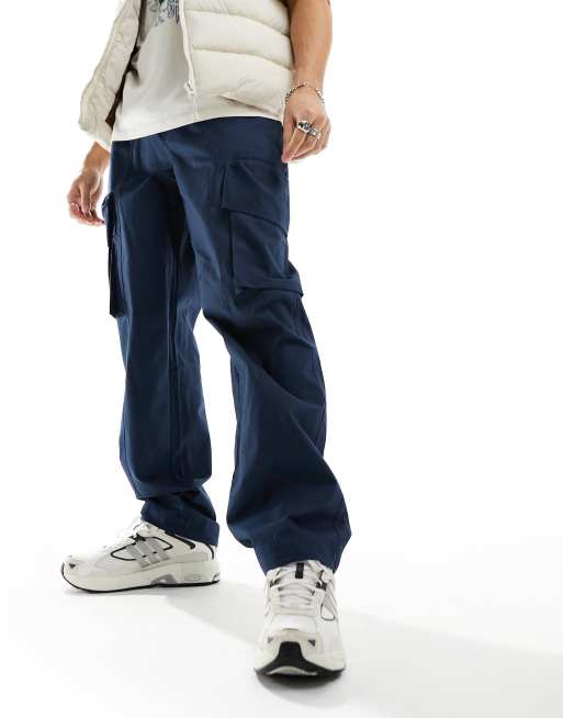 ASOS DESIGN - Pantaloni cargo ampi in tessuto ripstop con vita elasticizzata blu navy