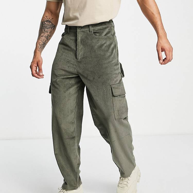 Pantaloni cargo con fondo ampio in tessuto a coste color kaki Asos Uomo Abbigliamento Pantaloni e jeans Pantaloni Pantaloni a zampa 
