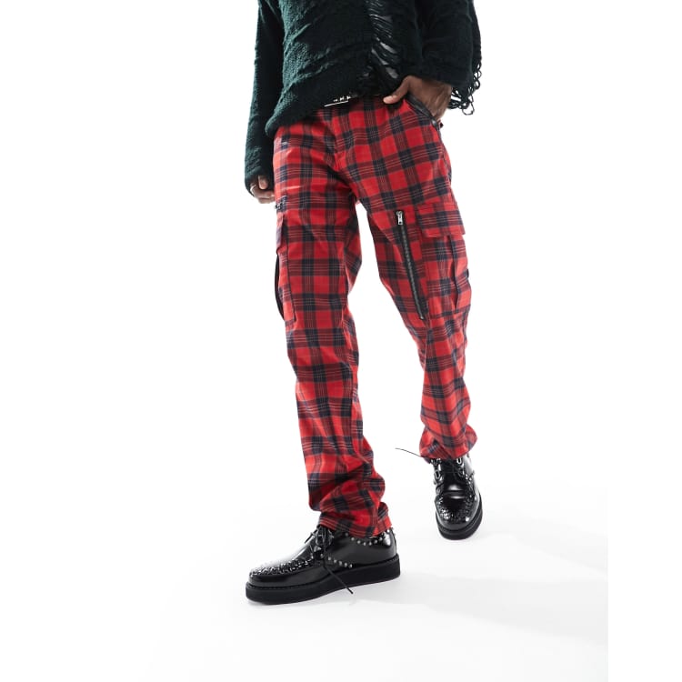 ASOS DESIGN Pantaloni cargo dritti a quadri scozzesi rossi con