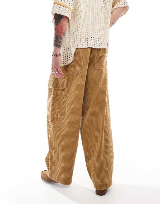 ASOS DESIGN - Pantaloni cargo oversize extra ampi in velluto a coste a pieghe color cuoio, 3 di 5