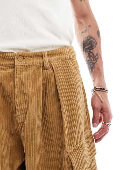 ASOS DESIGN - Pantaloni cargo oversize extra ampi in velluto a coste a pieghe color cuoio, 4 di 5