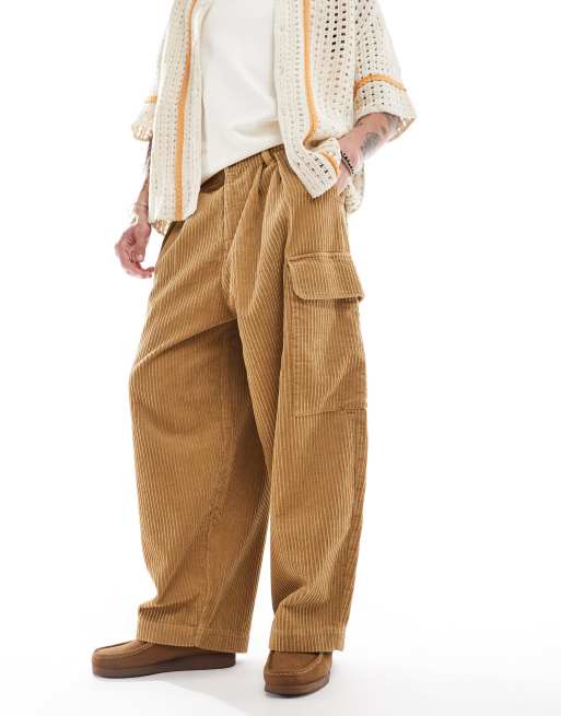 ASOS DESIGN - Pantaloni cargo oversize extra ampi in velluto a coste a pieghe color cuoio, 5 di 5