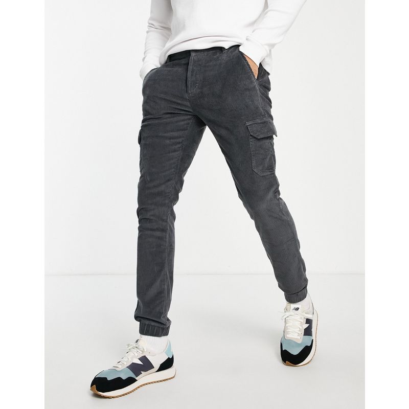 Pantaloni cargo IhIQp DESIGN - Pantaloni cargo skinny in velluto a coste elasticizzato color antracite