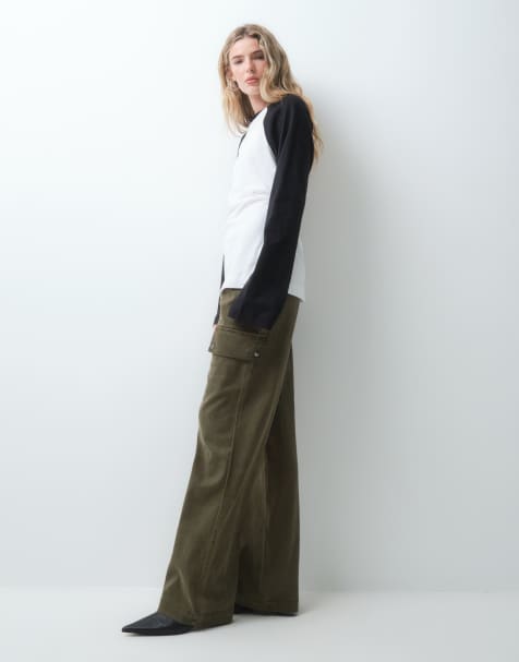ASOS DESIGN pantaloni cargo utility a gamba larga in khaki slavato - view 1