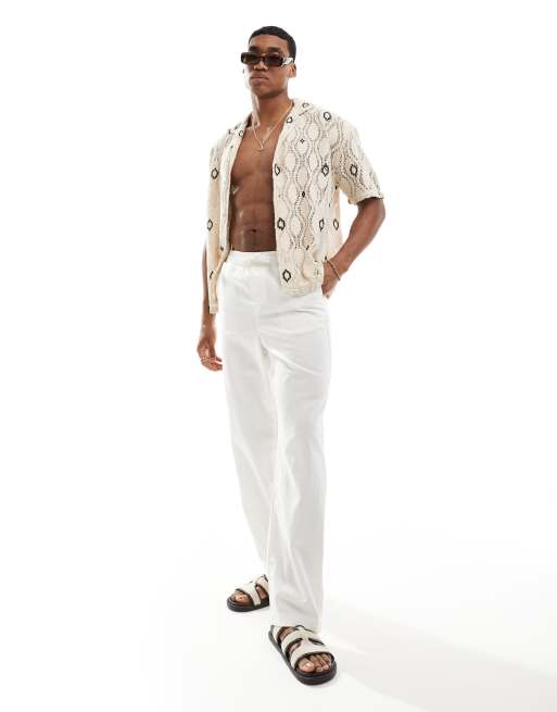 ASOS DESIGN - Pantaloni comodi in lino bianchi con elastico in vita