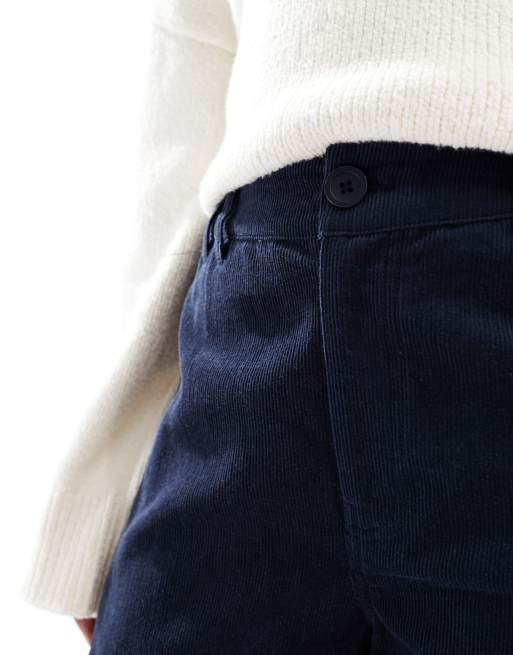 ASOS DESIGN - Pantaloni con cavallo basso blu navy in velluto a costine con cuciture, 3 di 5