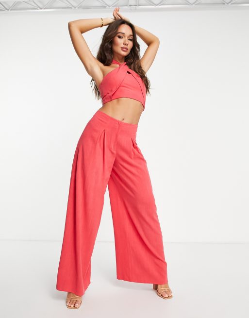ASOS DESIGN - Pantaloni con fondo ampio in lino rossi con pieghe sul davanti in coordinato