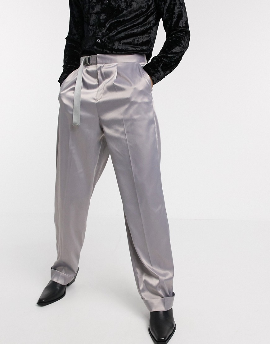ASOS DESIGN - Pantaloni con fondo ampio in raso lilla e cintura-Viola