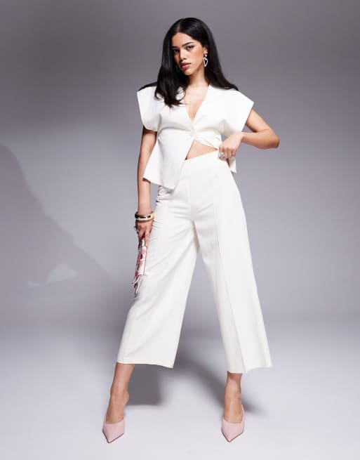 ASOS DESIGN - Pantaloni culotte sartoriali in lino color avorio in coordinato