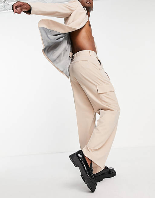 Pantaloni da abito a fondo ampio con tasche cargo color pietra Asos Uomo Abbigliamento Pantaloni e jeans Pantaloni Pantaloni a zampa 