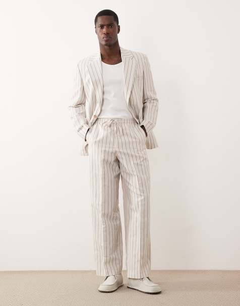ASOS DESIGN - Pantaloni da abito a fondo ampio in misto lino color crema a righe con vita elasticizzata - view 1