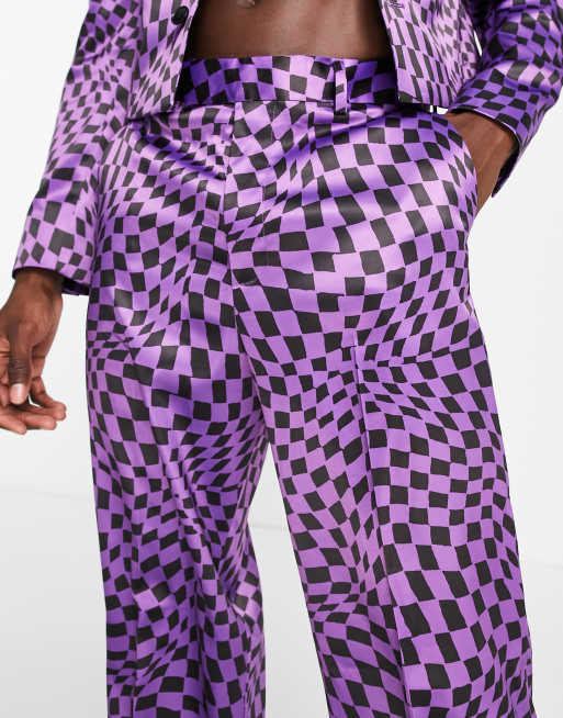 ASOS DESIGN - Pantaloni da abito a fondo ampio viola a scacchi ondulati , 3 di 4
