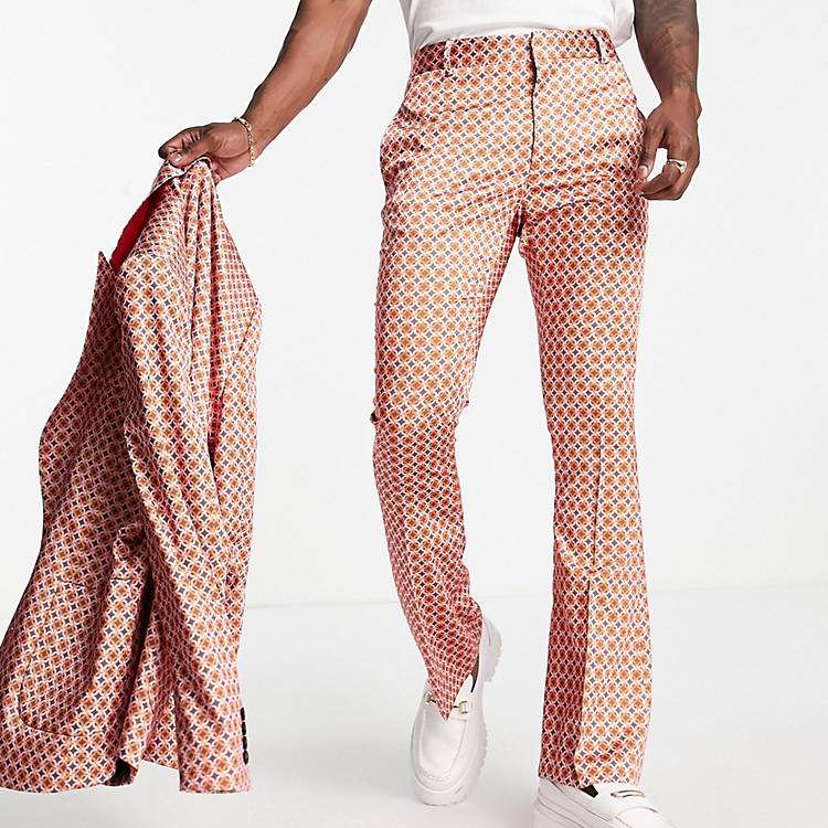 Asos Uomo Abbigliamento Pantaloni e jeans Pantaloni Pantaloni a zampa Pantaloni da abito a zampa con stampa geometrica stile rétro e rosa 