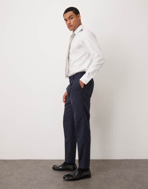 ASOS DESIGN - Pantaloni da abito affusolati blu navy in misto lino e cotone, 3 di 5