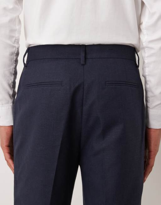 ASOS DESIGN - Pantaloni da abito affusolati blu navy in misto lino e cotone, 4 di 5