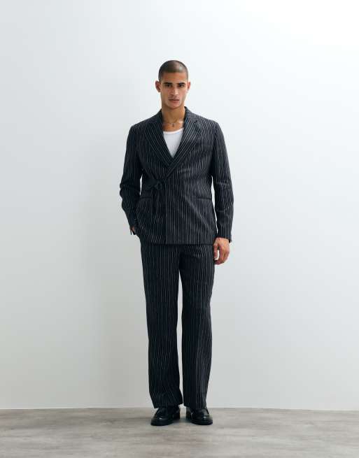 ASOS DESIGN - Abito ampio in misto lino blu navy gessato, 2 di 3