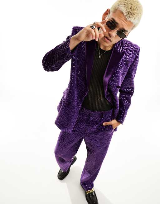 ASOS DESIGN - Pantaloni da abito ampi in velluto viola con paillettes
