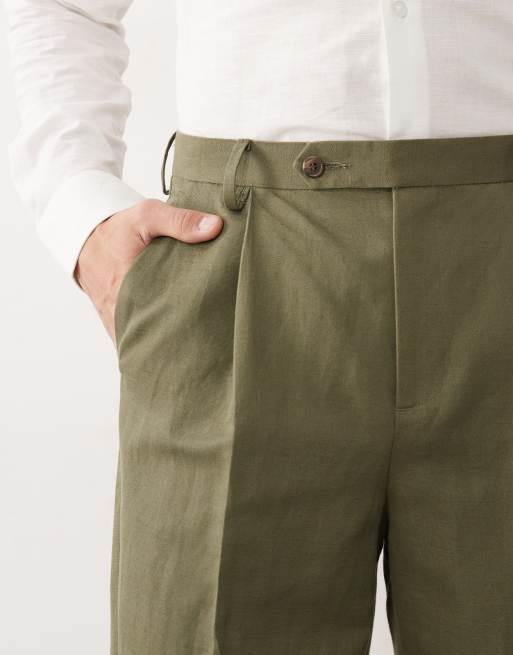 ASOS DESIGN - Pantaloni da abito comodi affusolati in misto lino verde oliva scuro, 5 di 7