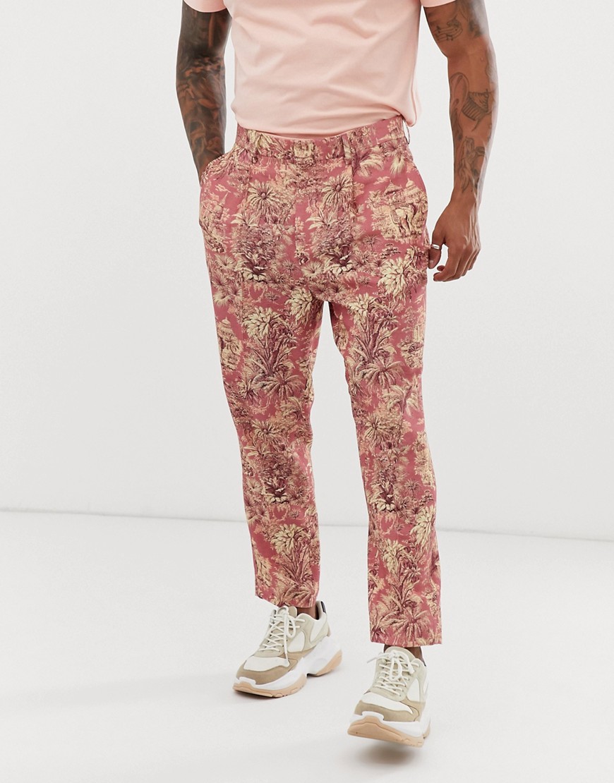 ASOS DESIGN - Pantaloni da abito cropped e affusolati con stampa di elefanti in tessuto effetto lino-Rosso