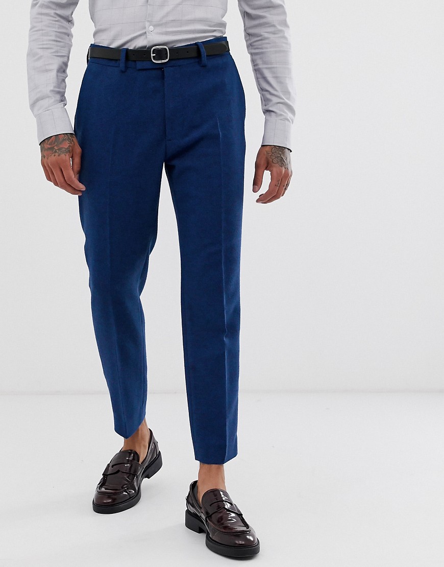 ASOS DESIGN - Pantaloni da abito da matrimonio skinny corti in misto lana di twill blu