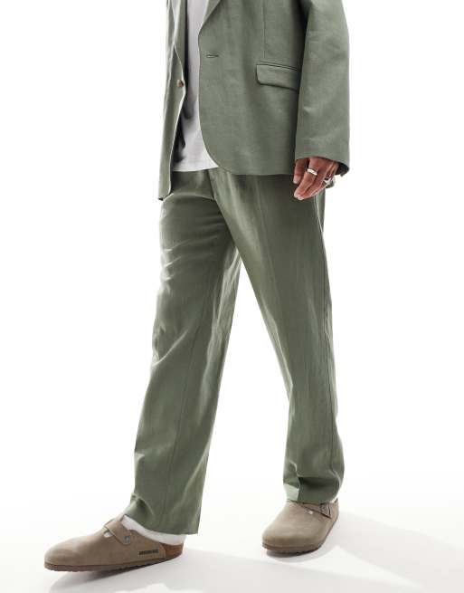ASOS DESIGN - Pantaloni da abito dritti in misto lino verde oliva