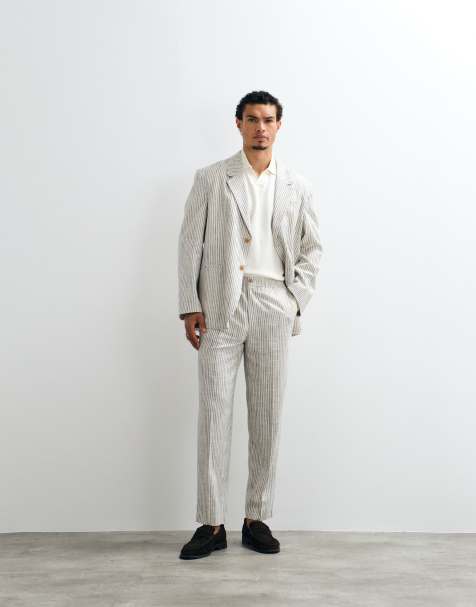 ASOS DESIGN pantaloni da abito oversize affusolati con elastico in vita a righe écru - view 1