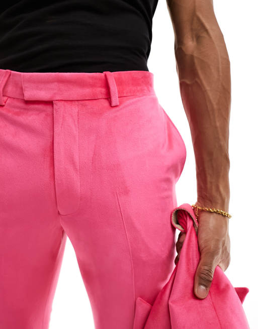 ASOS DESIGN - Pantaloni da abito skinny a zampa in velluto rosa, 2 di 5