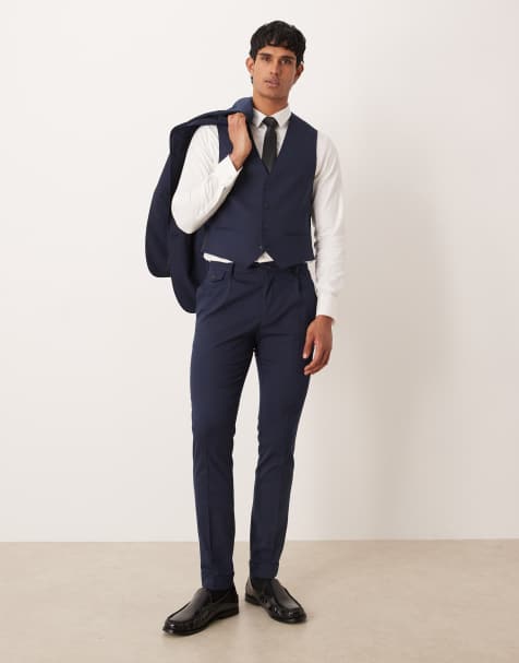 ASOS DESIGN - Pantaloni da abito skinny blu navy in flanella con motivo a spina di pesce - view 1