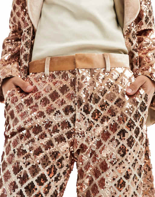 ASOS DESIGN - Pantaloni da abito skinny con paillettes e strass, colore champagne, 3 di 5