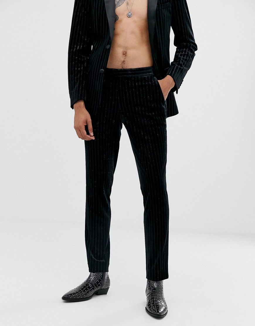 ASOS DESIGN - Pantaloni da abito skinny con riga glitterata in velluto-Nero