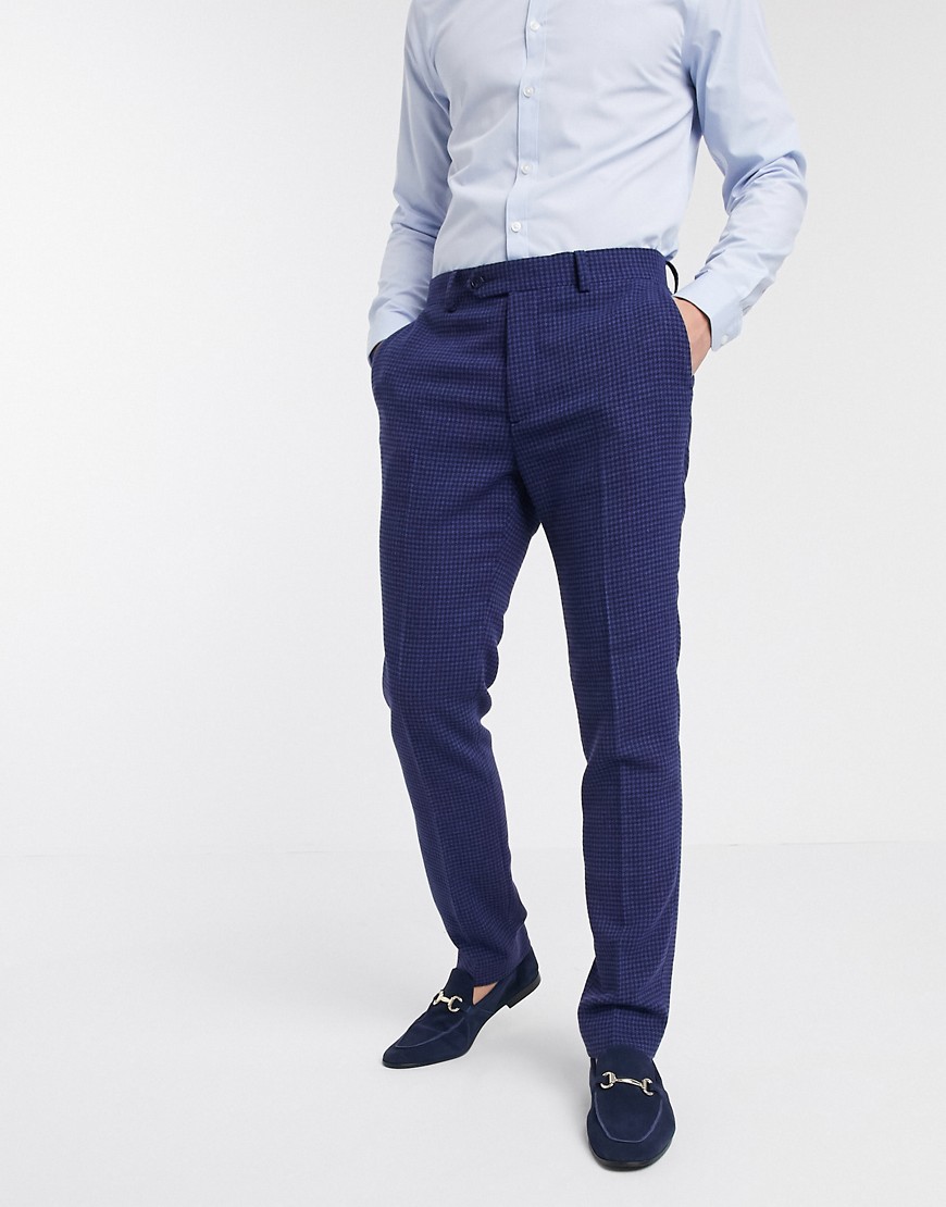ASOS DESIGN - Pantaloni da abito skinny da matrimonio in misto lana blu con stampa a micro pied de poule