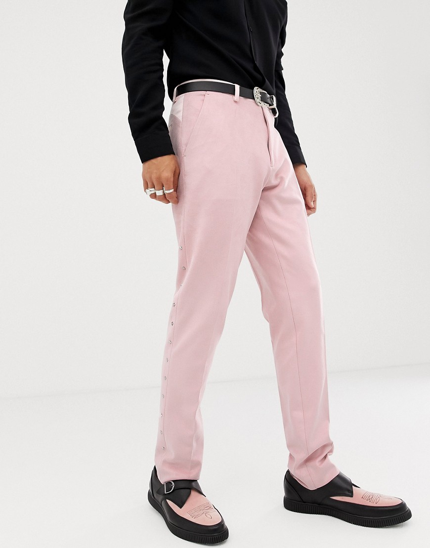ASOS DESIGN - Pantaloni da abito skinny in camoscio sintetico rosa con ricami western