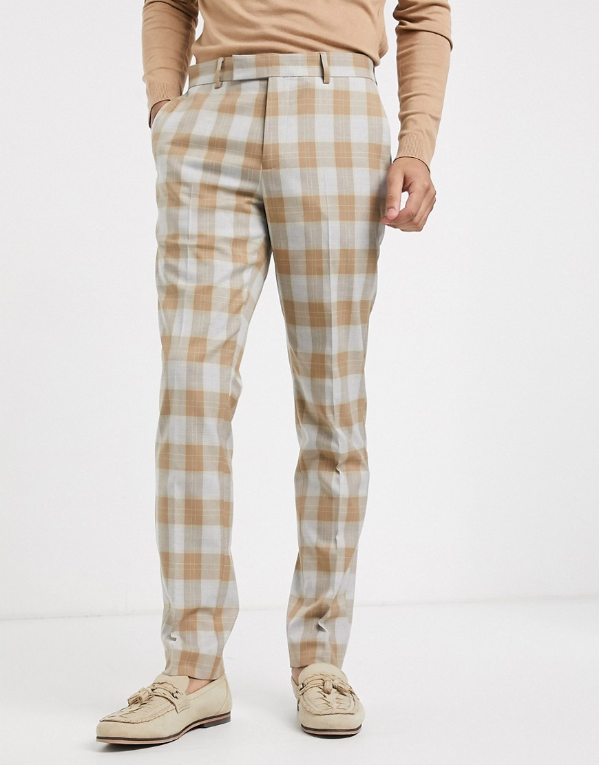 ASOS DESIGN - Pantaloni da abito skinny in misto lana a quadri cammello e grigio-Beige