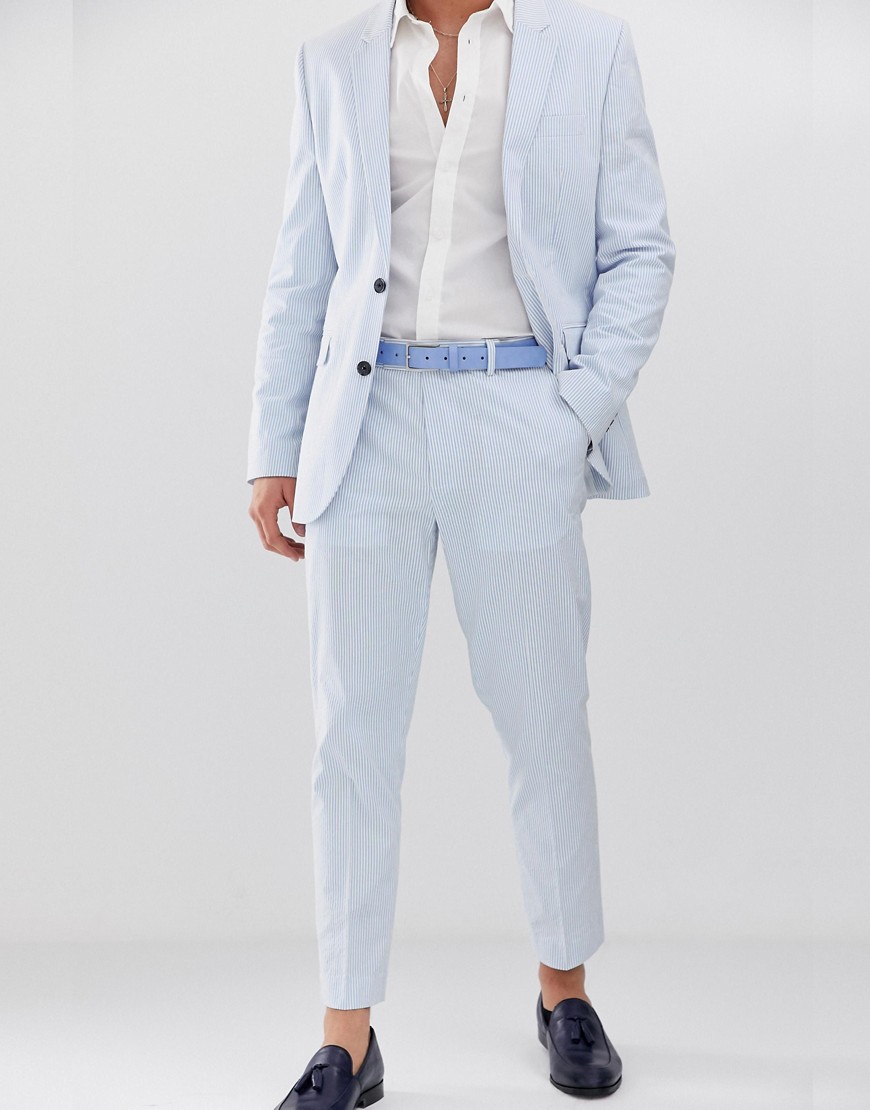 ASOS DESIGN - Pantaloni da abito slim cropped in seersucker di cotone a righe blu e bianche