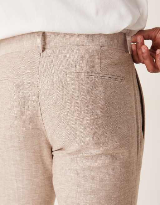 ASOS DESIGN - Pantaloni da abito slim fit marroni in misto cotone e lino con motivo a spina di pesce, 4 di 5
