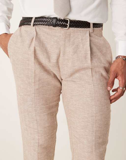 ASOS DESIGN - Pantaloni da abito slim fit marroni in misto cotone e lino con motivo a spina di pesce, 5 di 5