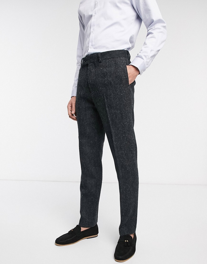 ASOS DESIGN - Pantaloni da abito slim in 100% Harris Tweed di lana antracite a spina di pesce-Grigio