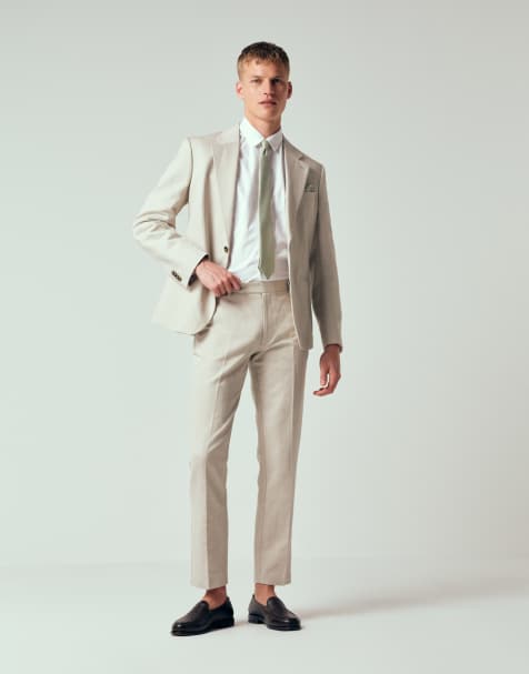 ASOS DESIGN - Pantaloni da abito slim in twill di misto lino color pietra - view 1